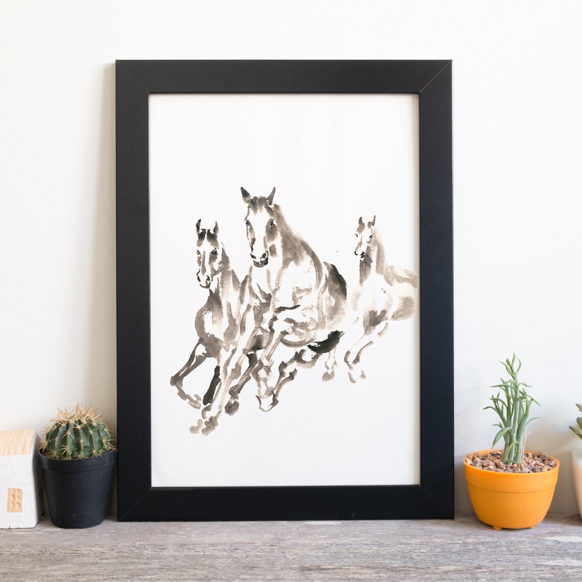 Galloping Horses Trio Ink Wash Painting Minimalist Horse Wall Art - Image 3
