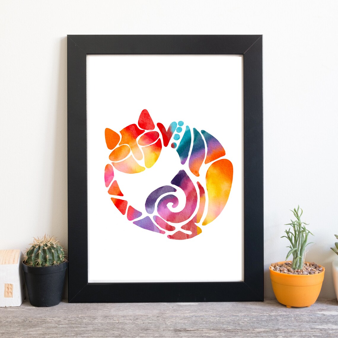Colorful Curled Cat Abstract Watercolor Scandi Style Animal Wall Art Print