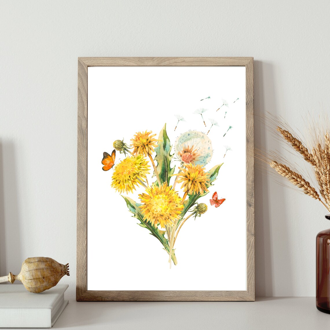 Yellow Dandelion Butterfly Bouquet Watercolor Botanical Wall Art Poster - Image 3