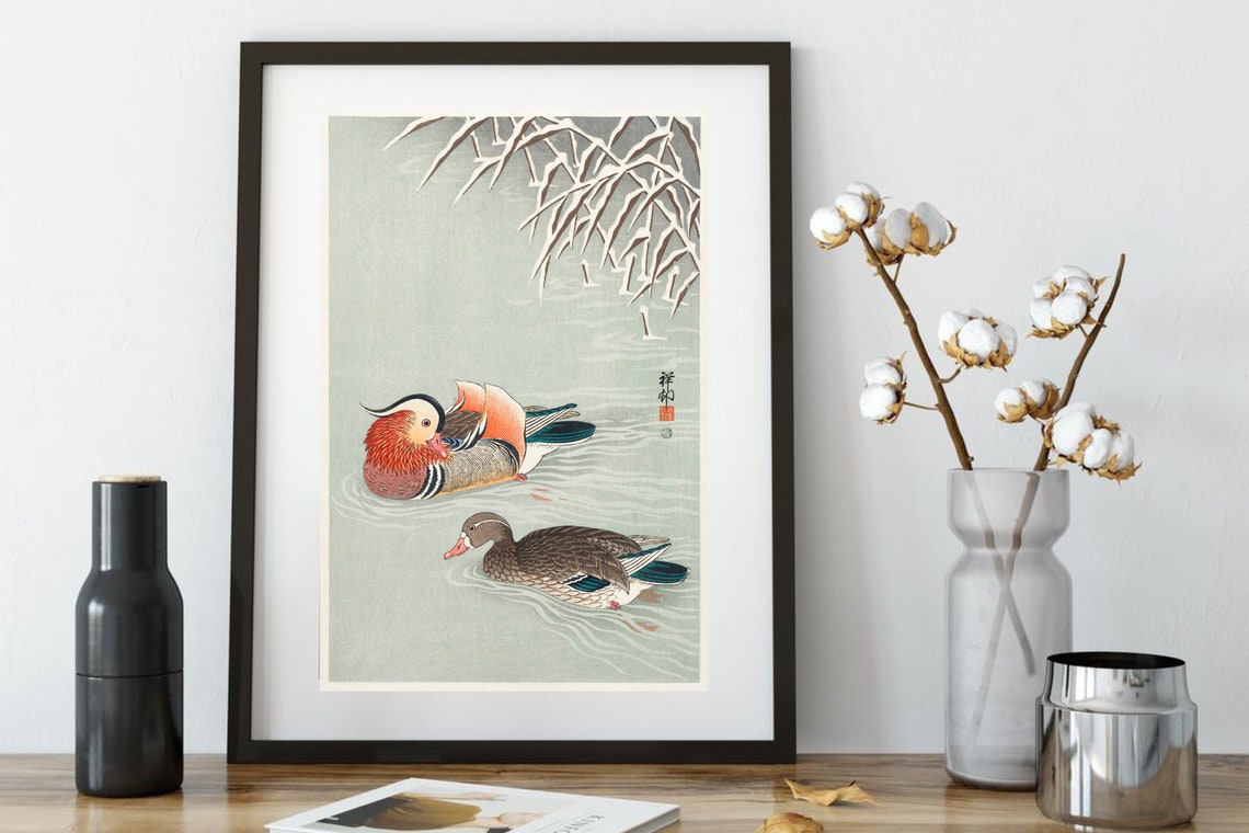 Mandarin Ducks Snow Branches Japanese Woodblock Style Bird Art Print - Image 3