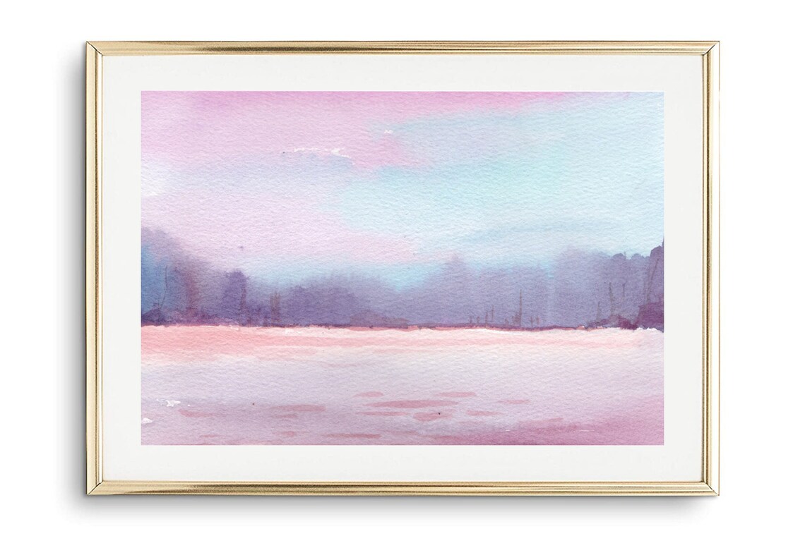 Watercolor Pink Lake Misty Forest Dawn Dreamy Landscape Art Poster - Image 2