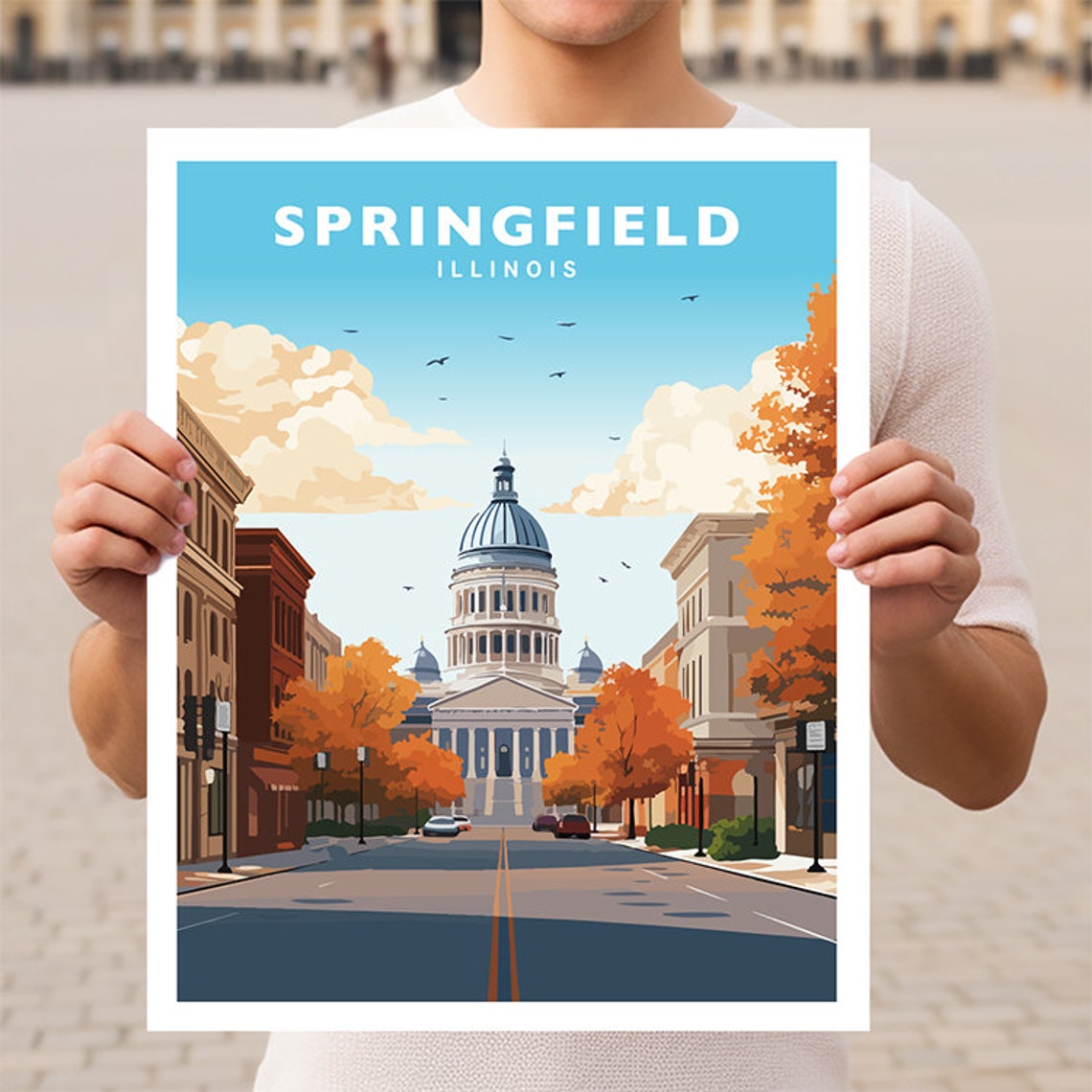 Springfield Illinois State Capitol Dome Autumn Street Travel Poster