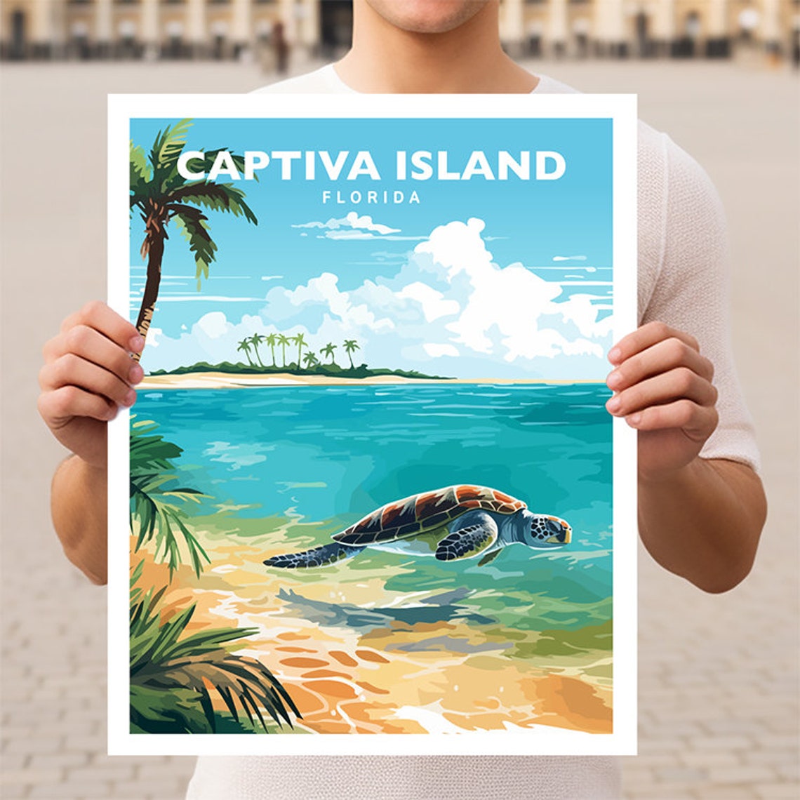 Captiva Island Florida Sea Turtle Tropical Beach Travel Poster