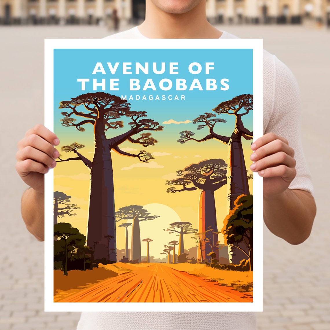 Avenue of the Baobabs Madagascar Sunset Retro Vintage Travel Poster