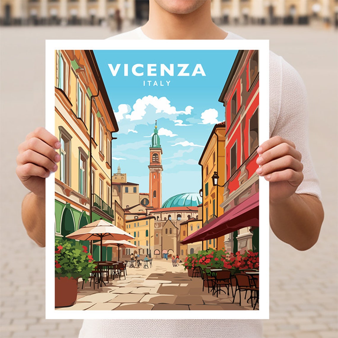 Vicenza Historic Piazza Bell Tower Cafes Italy Travel Poster