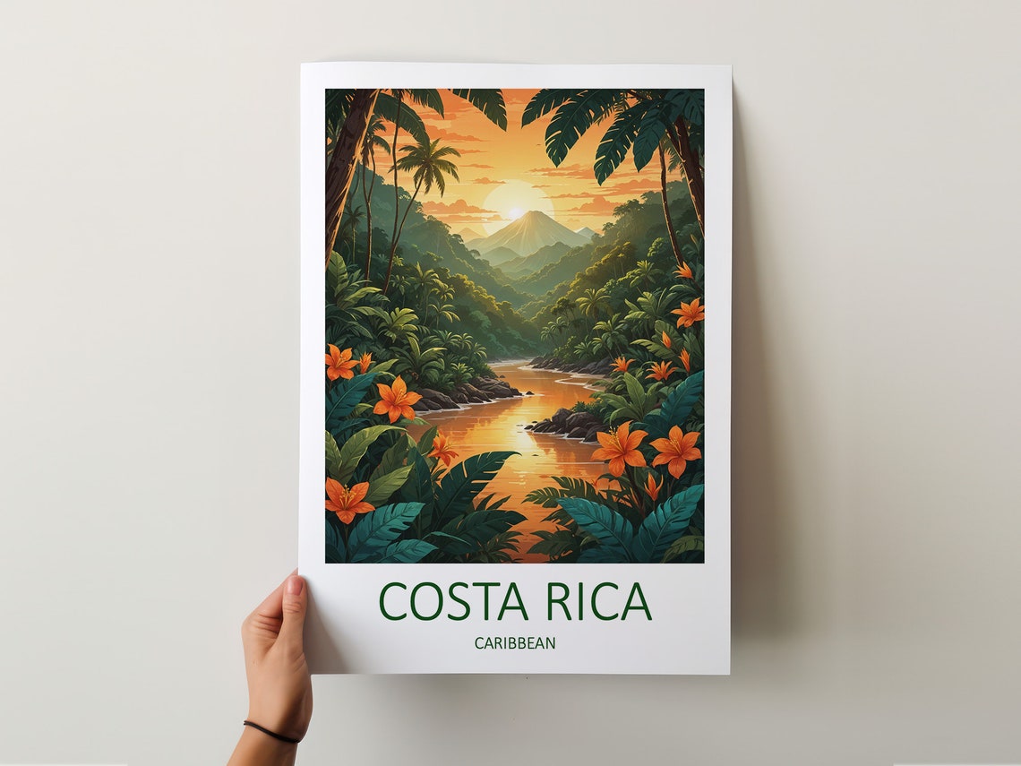 Costa Rica Caribbean Tropical Jungle River Sunset Volcano View Poster - Image 5
