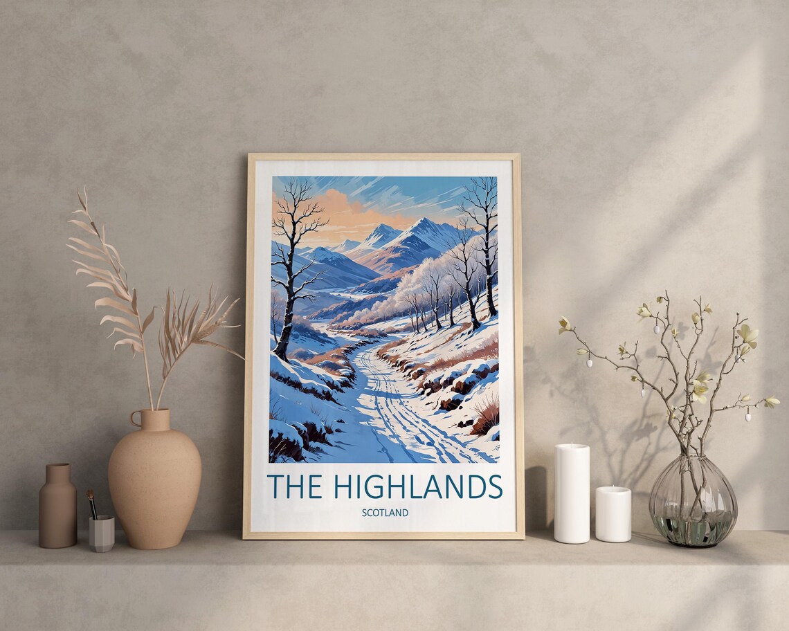 The Highlands Scotland Snowy Winter Valley Path Mountain Scene Poster - Image 2