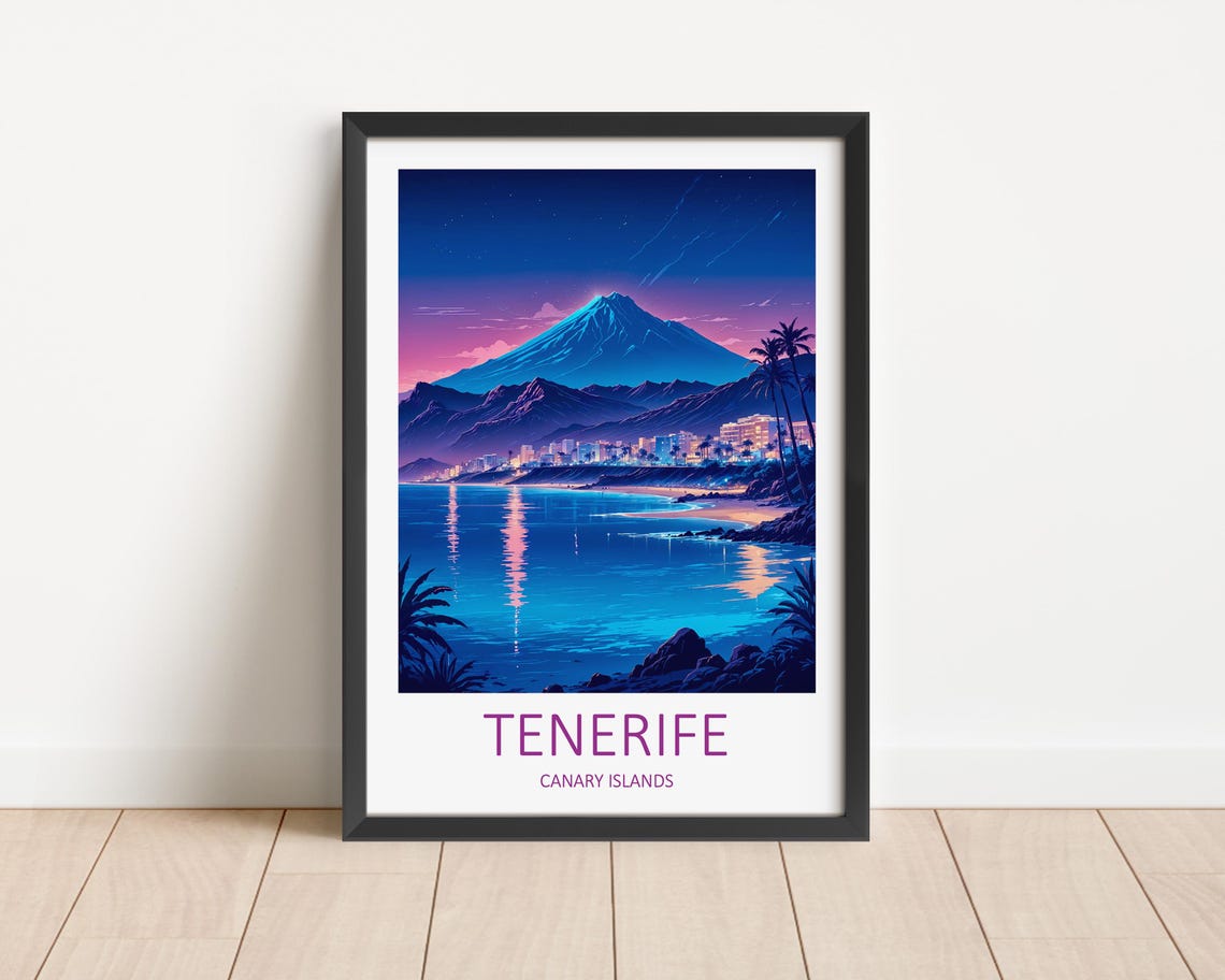 Tenerife Canary Islands Volcano Peak Night Beach Lights Travel Poster