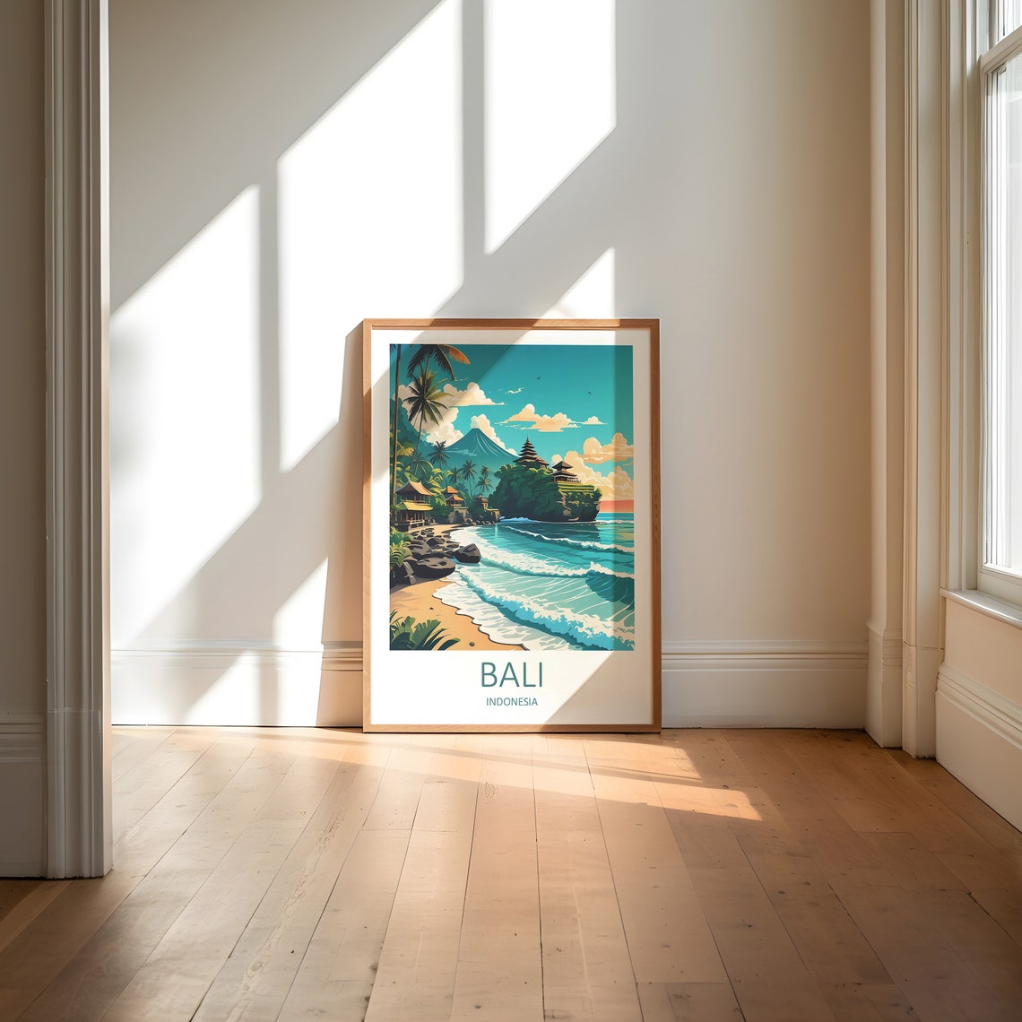 Bali Indonesia Beach Cliff Temple Volcano Waves Travel Poster - Image 5