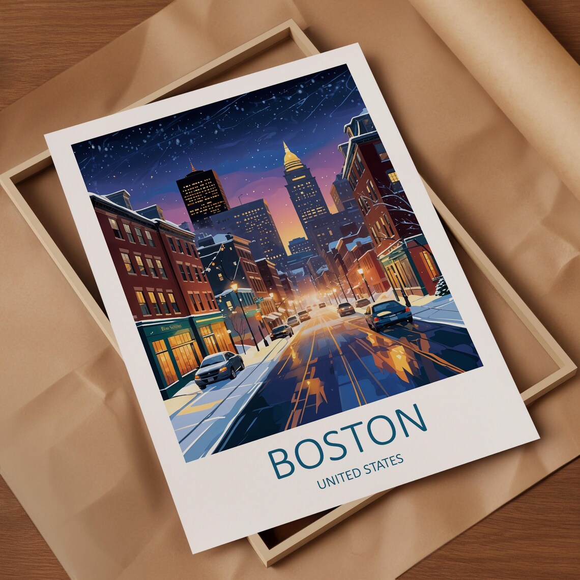 Boston Massachusetts Snowy Night Street Downtown Skyline Glow Poster - Image 4
