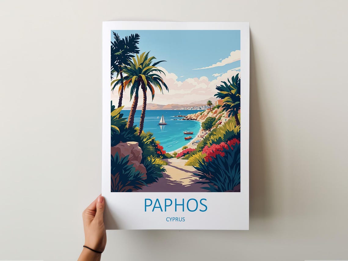 Paphos Cyprus Palm Lined Path Down To An Azure Beach Cove Poster - Image 5