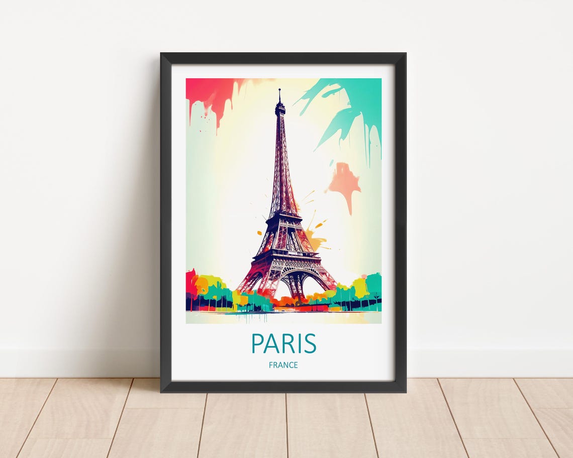 Paris France Eiffel Tower Watercolor Splash Colorful Art Poster