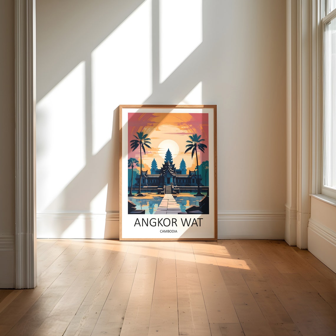 Angkor Wat Cambodia Temple Sunset Palms Reflection Travel Poster - Image 6