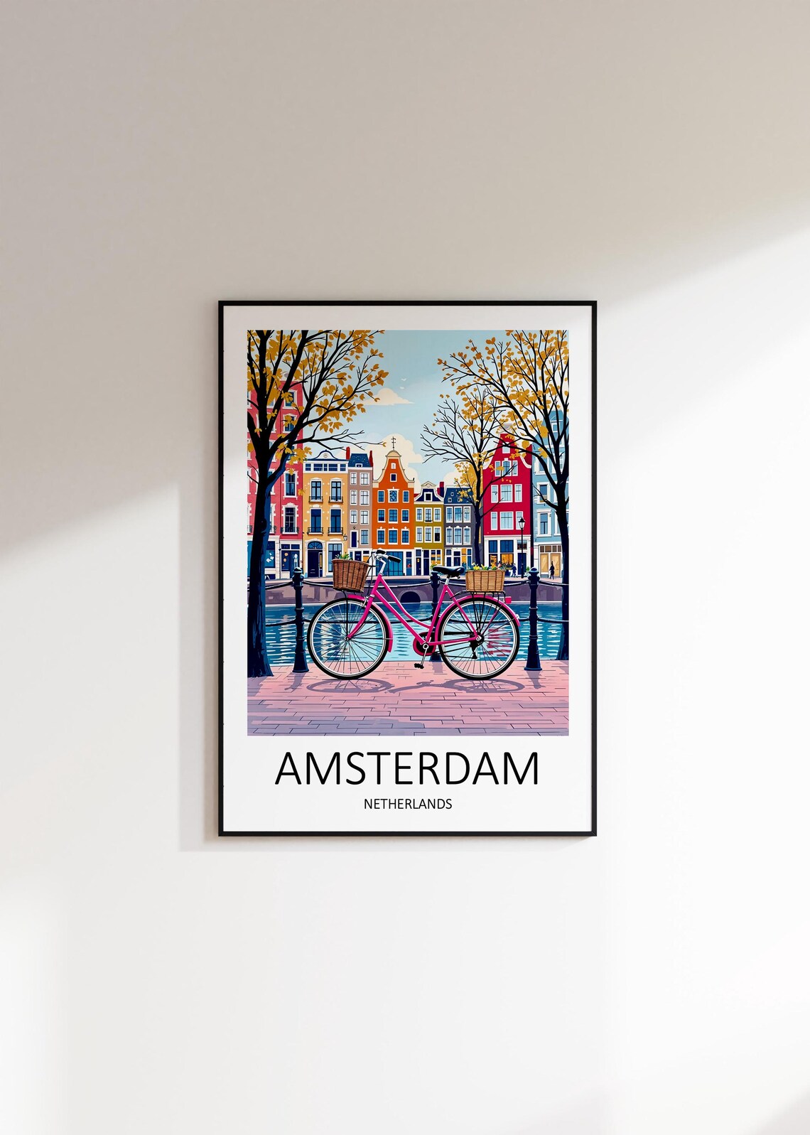 Amsterdam Netherlands Canal With Pink Bicycle and Houses Poster - Image 3
