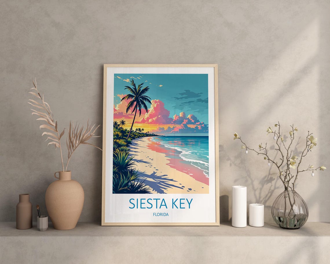Siesta Key Florida Palm Beach at Sunset With Pastel Sky Poster - Image 2