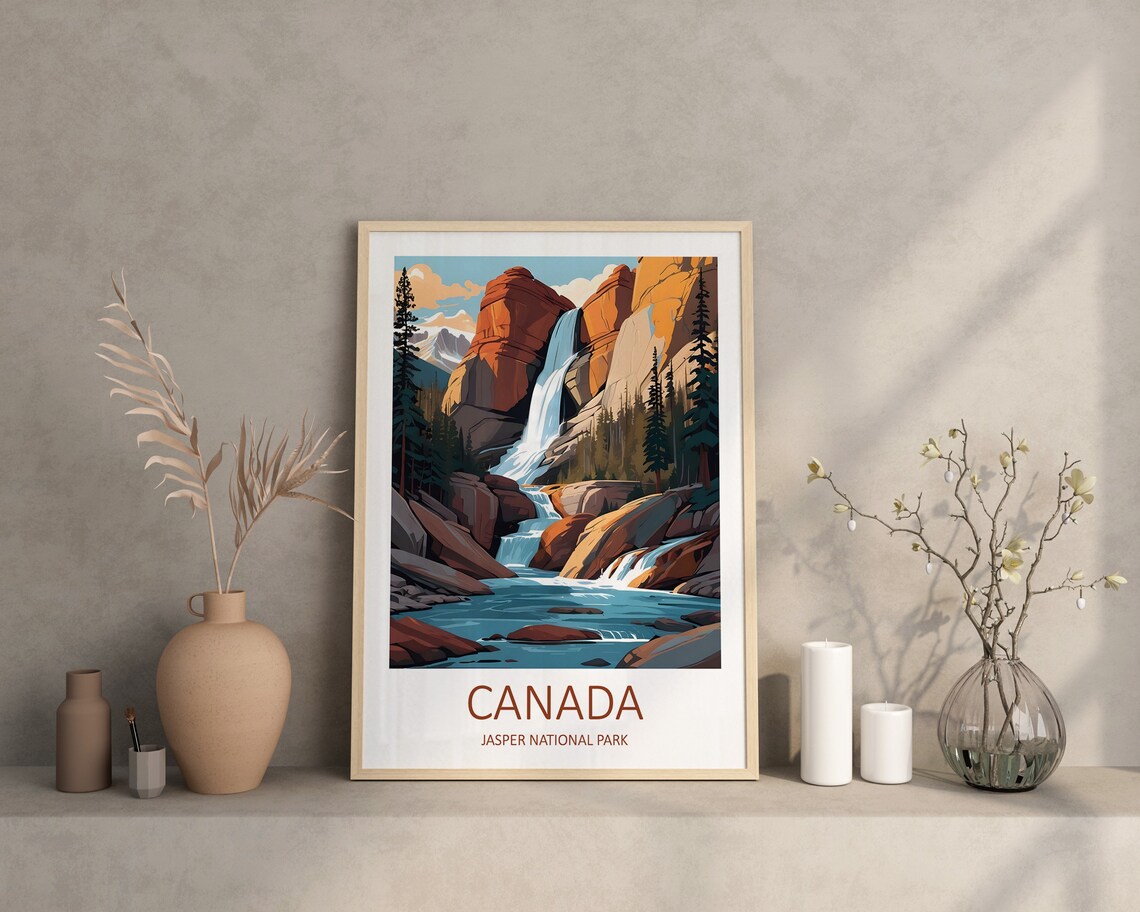 Jasper National Park Canada Waterfall Red Canyon Travel Poster - Image 3