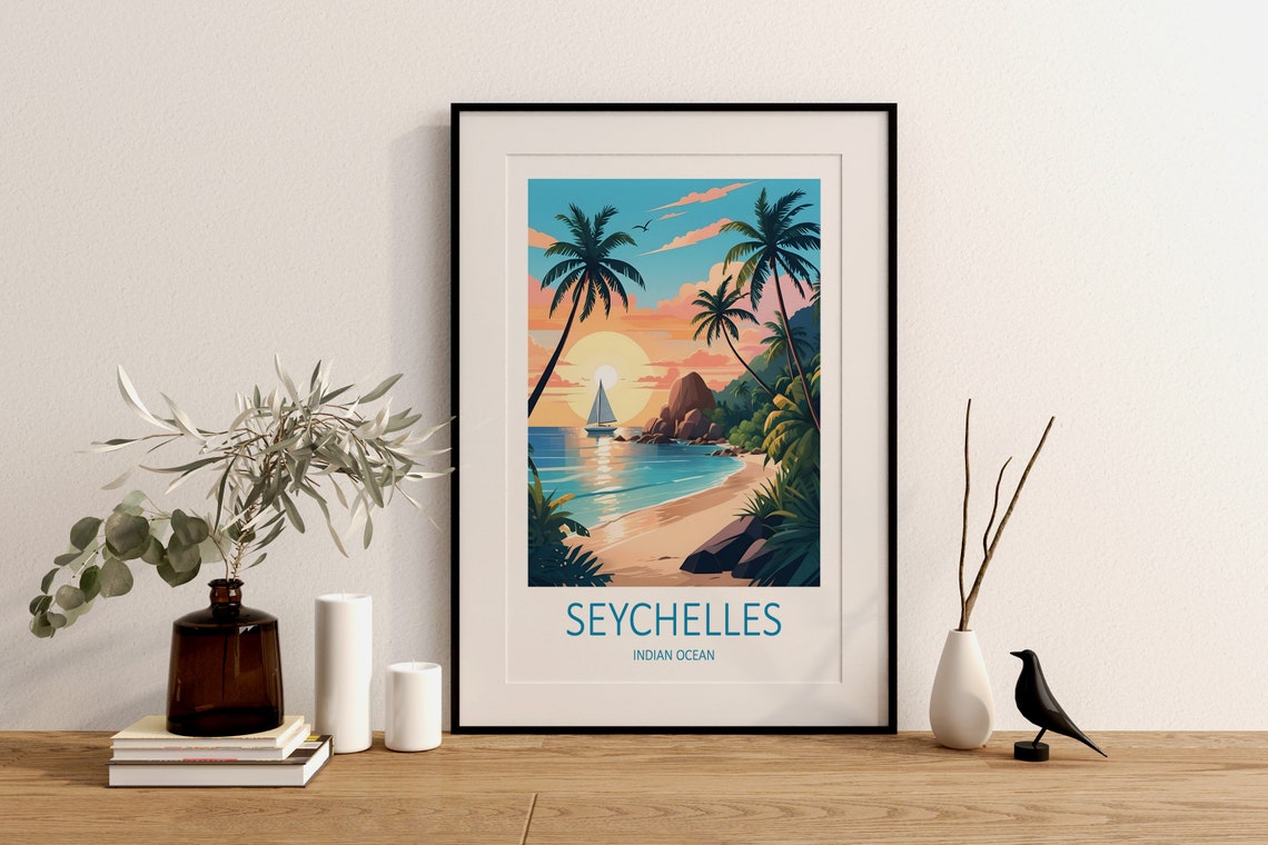 Seychelles Indian Ocean Sunset Beach Sailboat Palms View Poster - Image 2