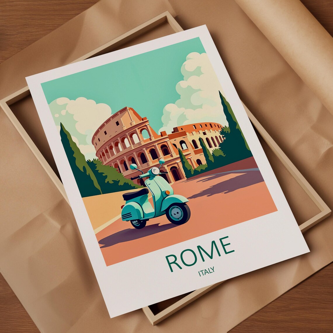 Rome Italy Colosseum With Retro Mint Scooter on the Street Poster - Image 4