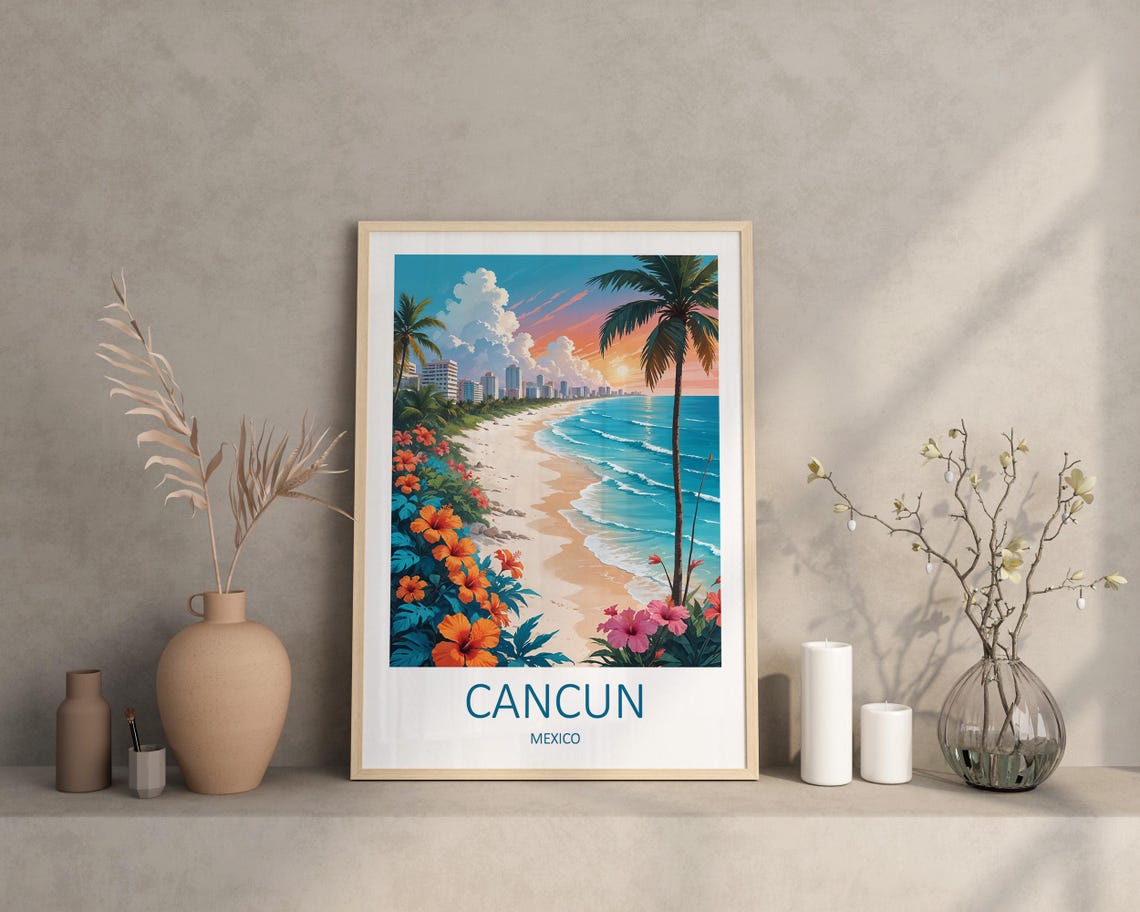 Cancun Mexico Tropical Beach Sunset Palm Paradise Shore Poster - Image 3