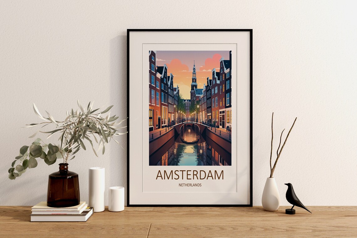 Amsterdam Netherlands Canal Houses Dusk Bridge Lights Travel Poster - Image 2