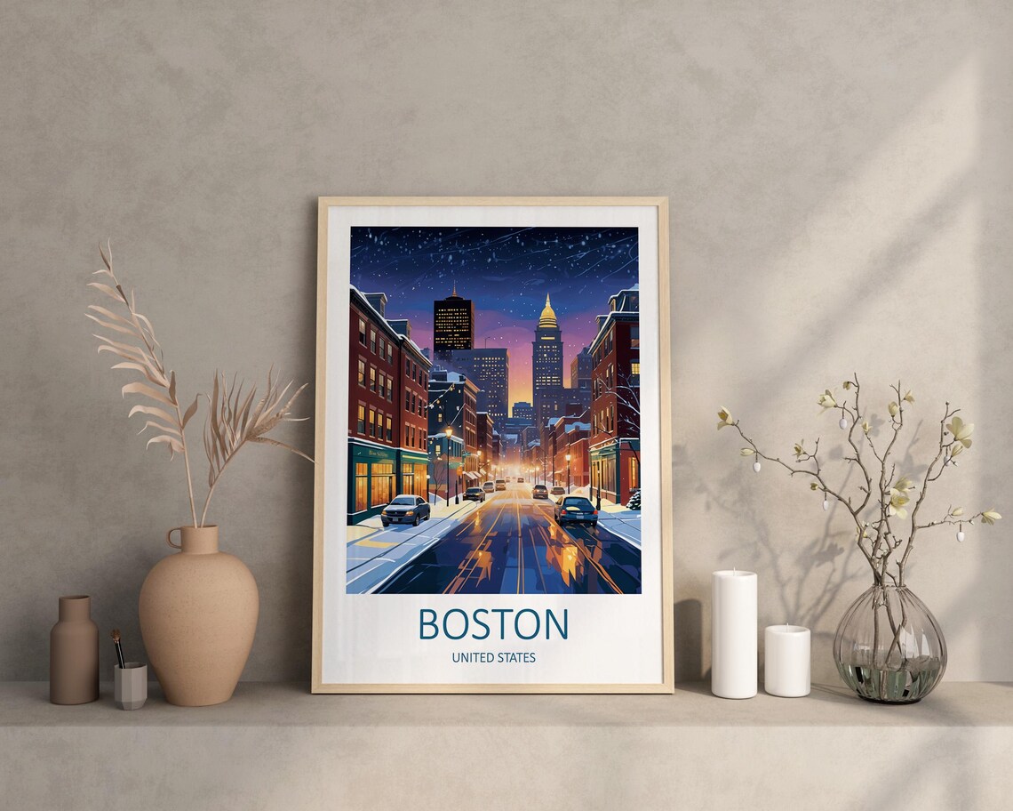 Boston Massachusetts Snowy Night Street Downtown Skyline Glow Poster - Image 3