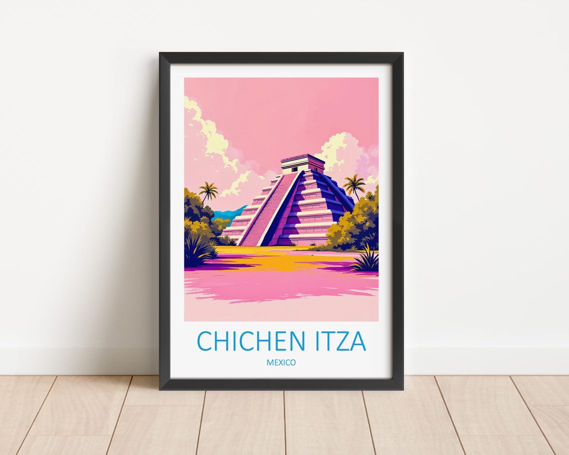 Chichen Itza Mexico Mayan Pyramid Pink Sunset Sky Travel Poster