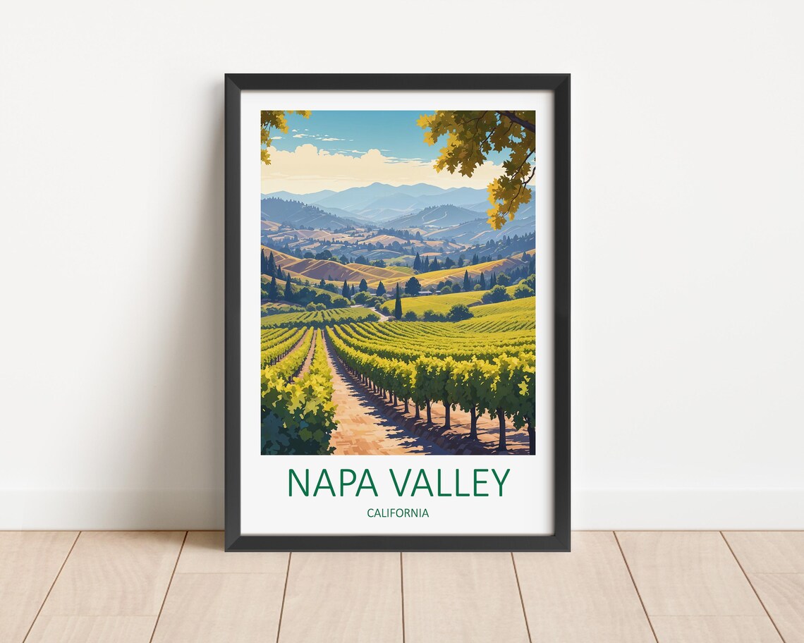 Napa Valley California Vineyard Rows Golden Hills Sunset Travel Poster