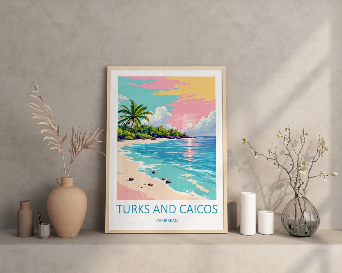 Turks And Caicos Islands Travel Print Wall Art Caribbean Honeymoon Gifts Turks And Caicos Poster Travel Tropical Wall Art Lover Pink Wall - Image 3