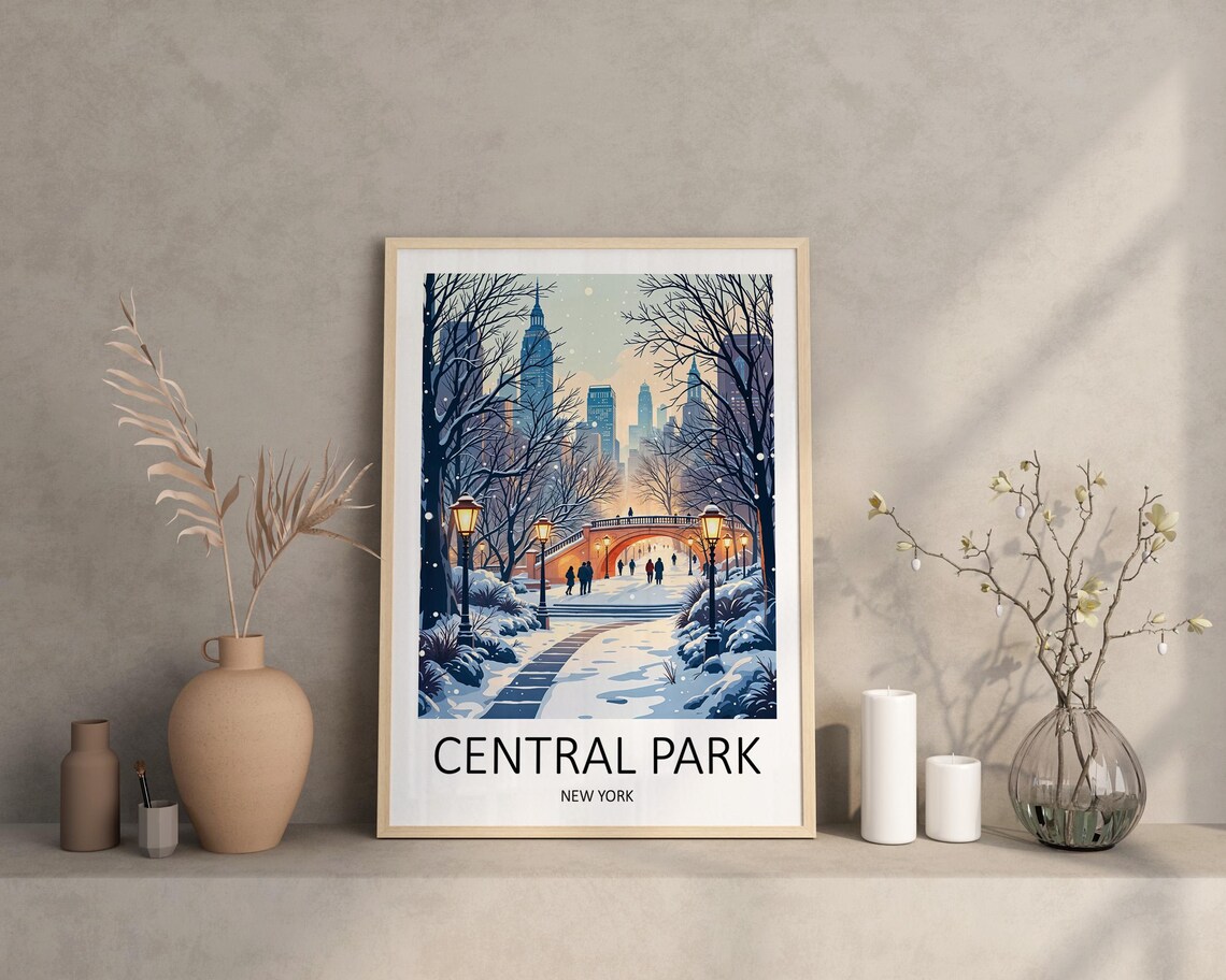 Central Park New York Snowy Winter Bridge City Travel Poster - Image 2