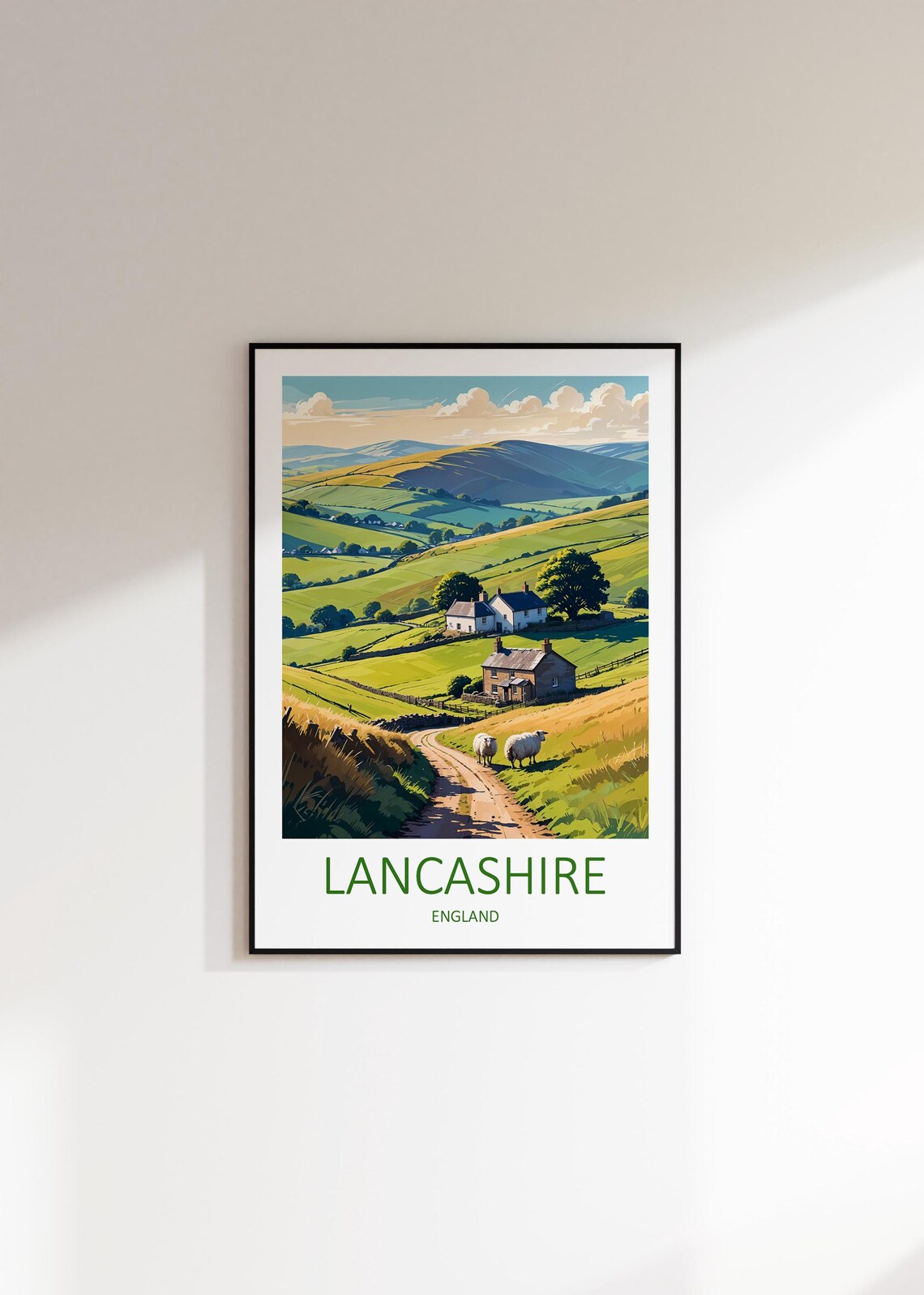 Lancashire Green Rolling Hills Sheep And Cottages Travel Poster - Image 2