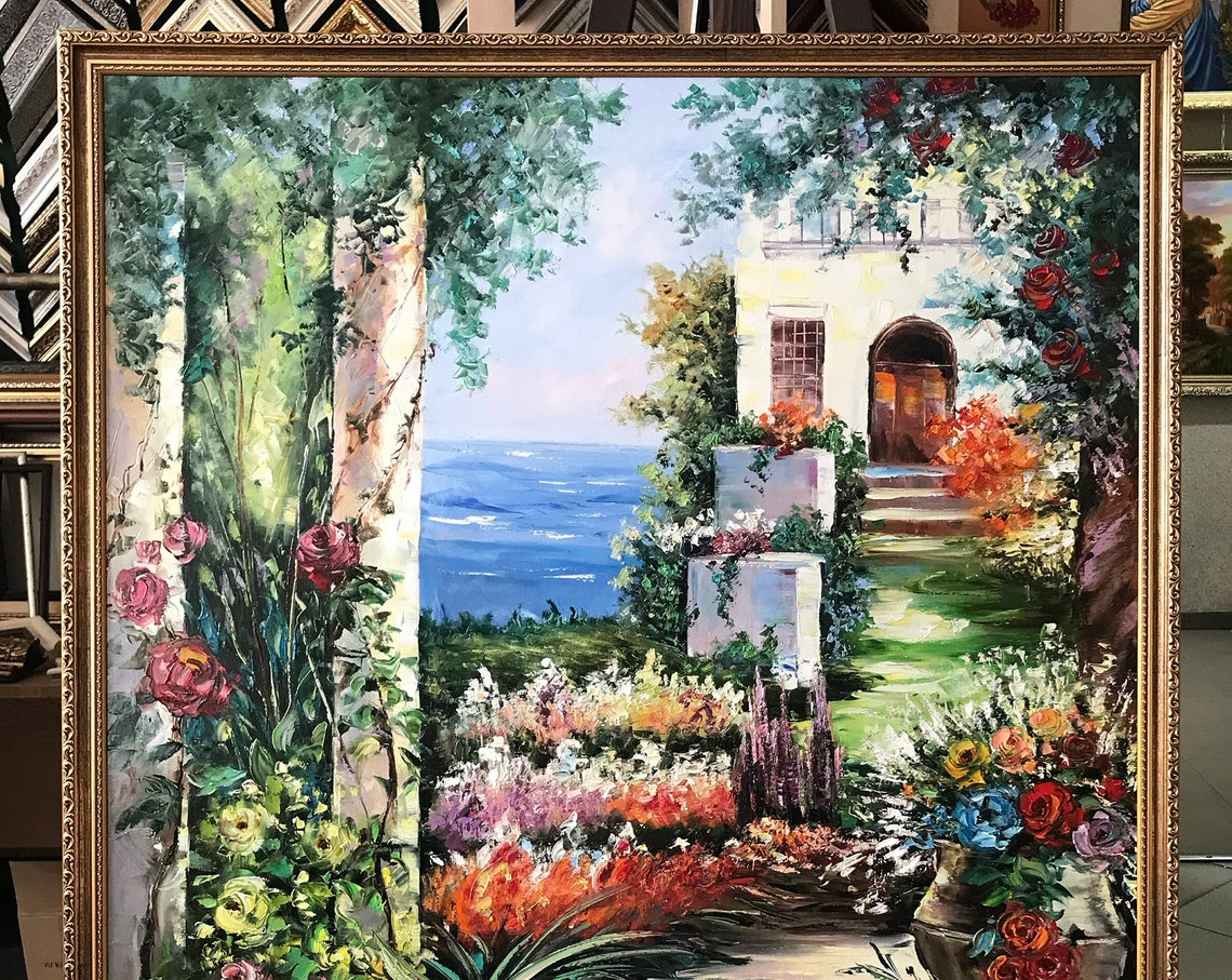 Italian Garden Steps Roses Sea View Framed Terrace Travel Poster - Image 3