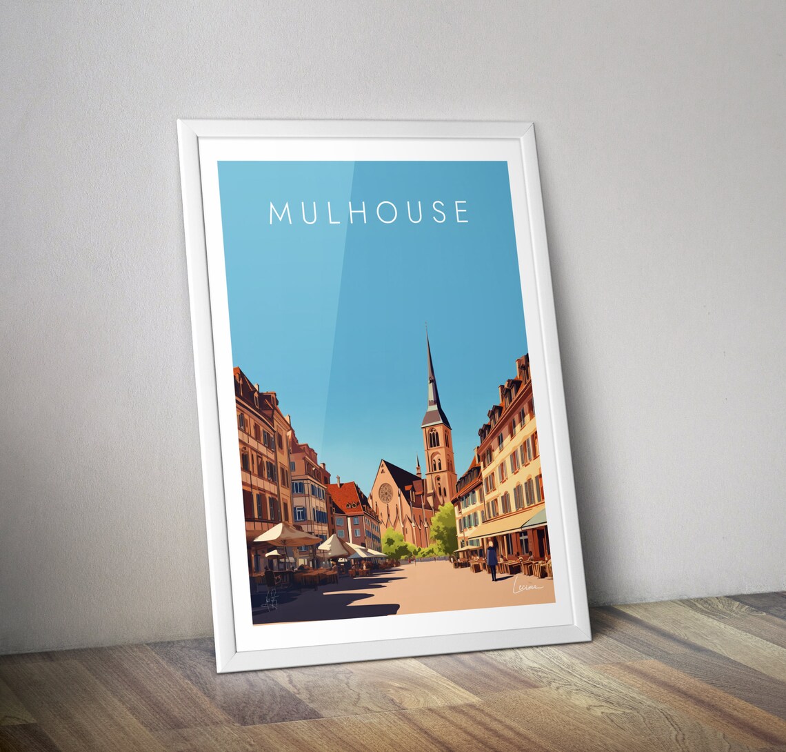 Mulhouse France Alsace Old Town Church Square Vintage Travel Poster