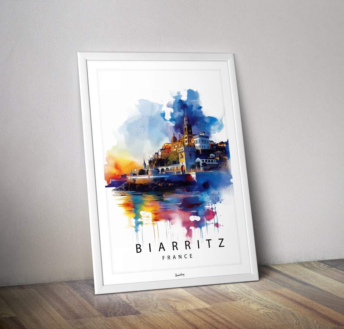 Biarritz France Atlantic Coast Watercolor Rocher Seascape Art Poster