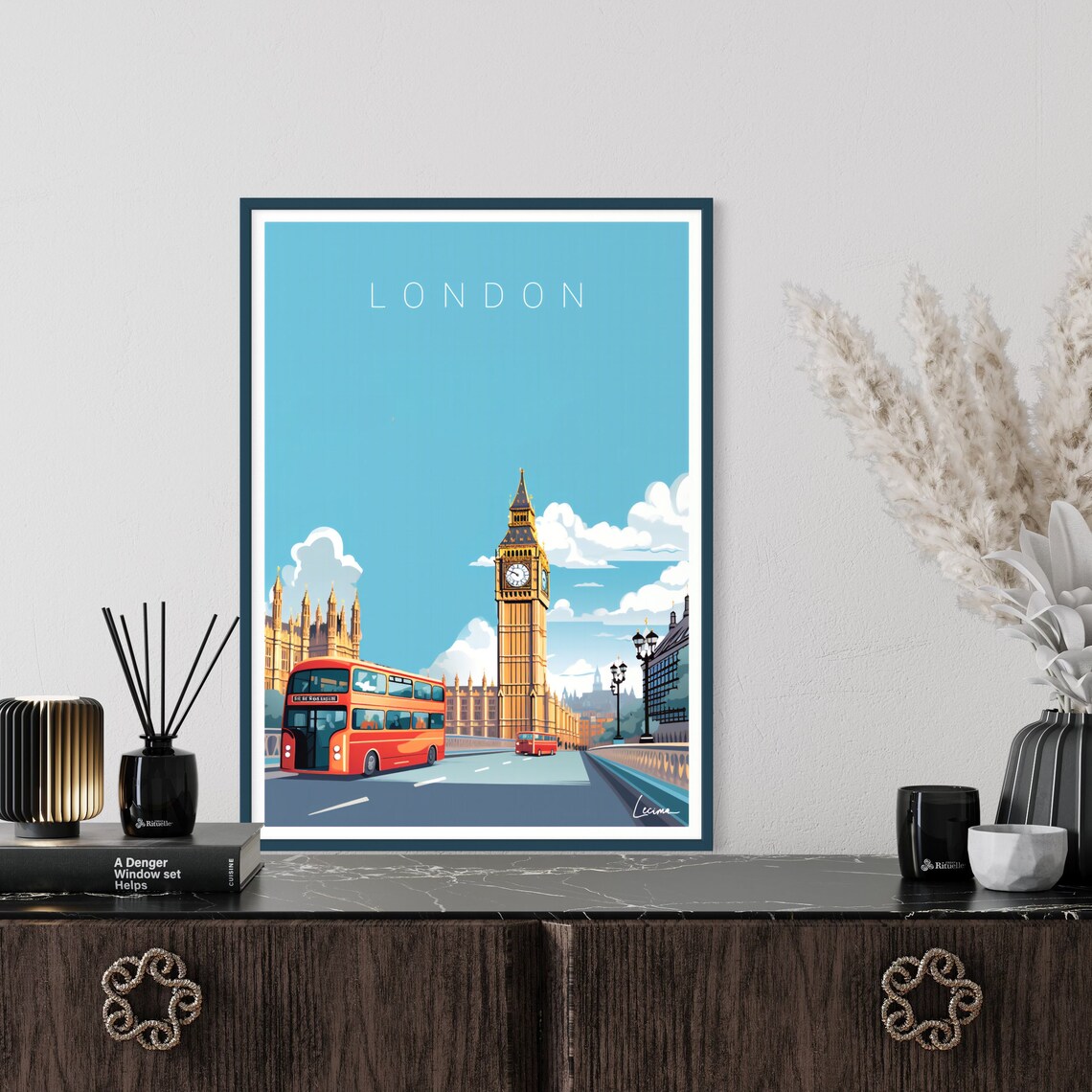 London Big Ben and Red Double-Decker Bus Vintage Travel Poster