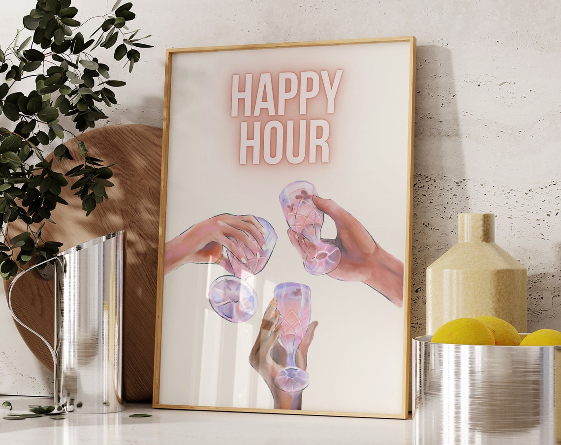 Happy Hour Art Print Bar Cart Wall Art Retro Cocktails Poster Aesthetic Bar Cart Decor Bar Cart Print Trendy Food Drink Art