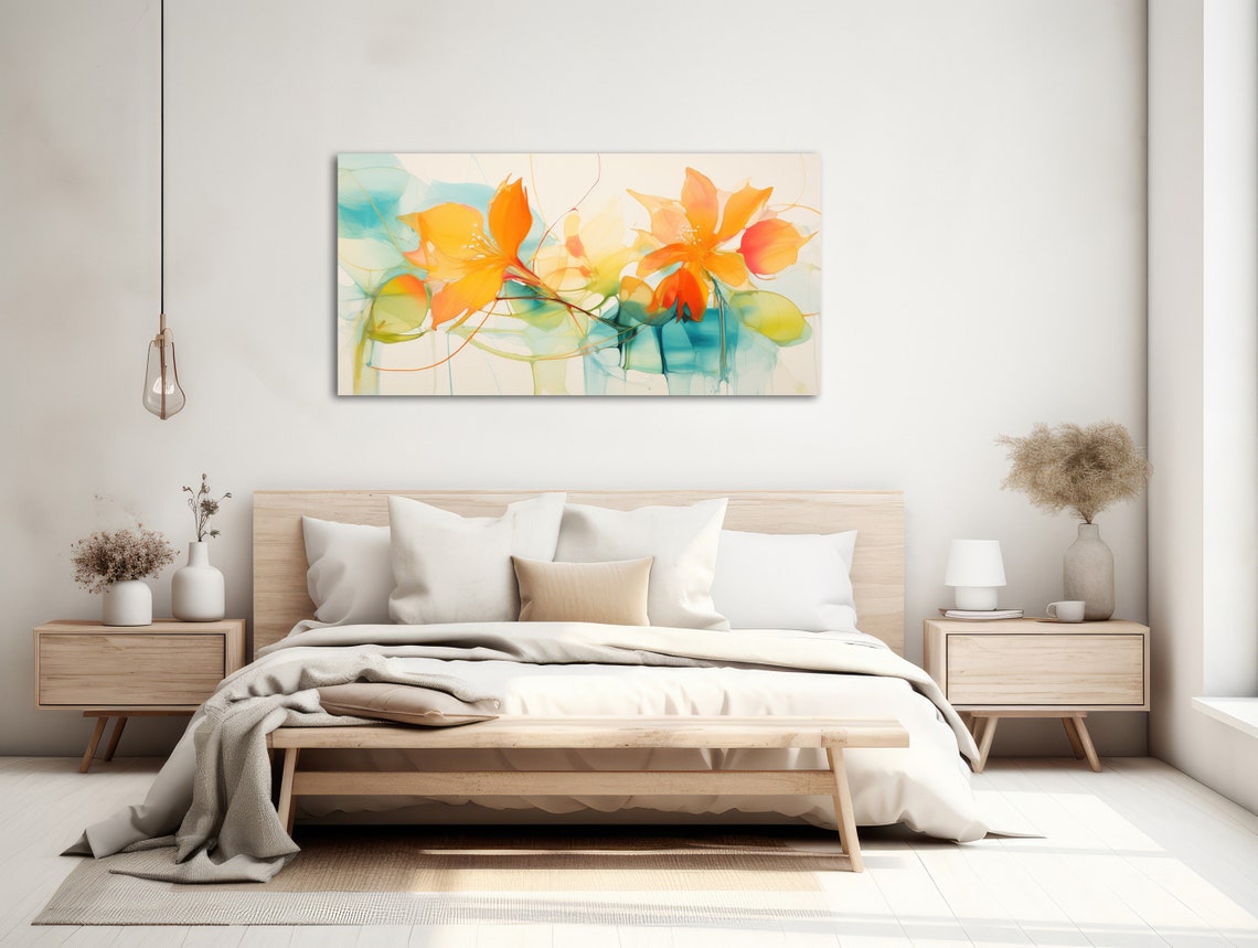 Panoramic Orange Teal Translucent Watercolor Flowers Art Print - Image 2