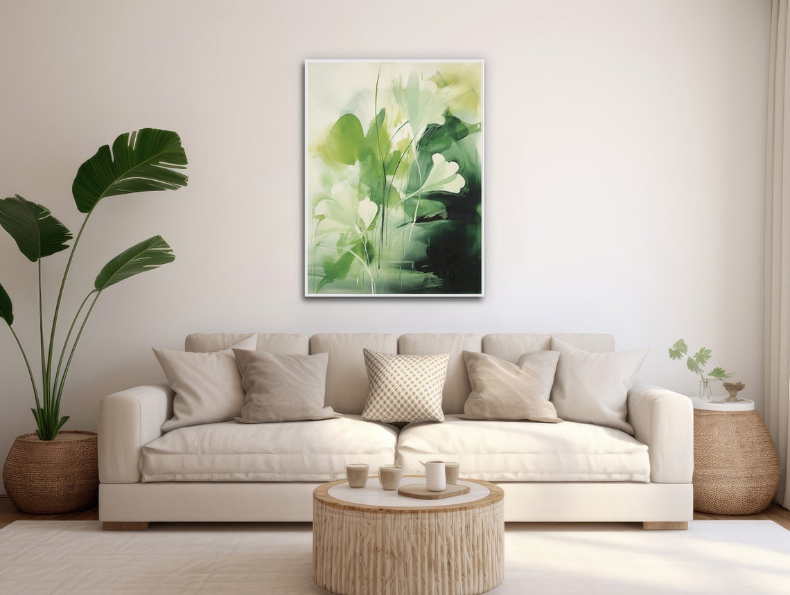 Green White Watercolor Botanical Leaves Soft Nature Abstract Poster - Image 3