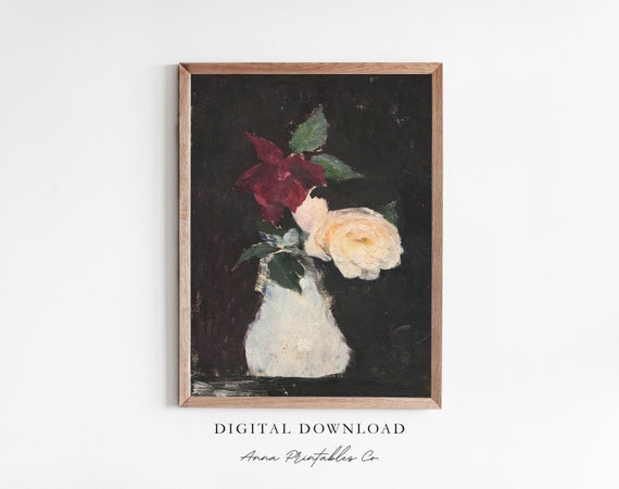 Roses In A Vase Antique Flower Painting For Moody Floral Wall Art Dark Vintage Artwork Cottage Home Decor