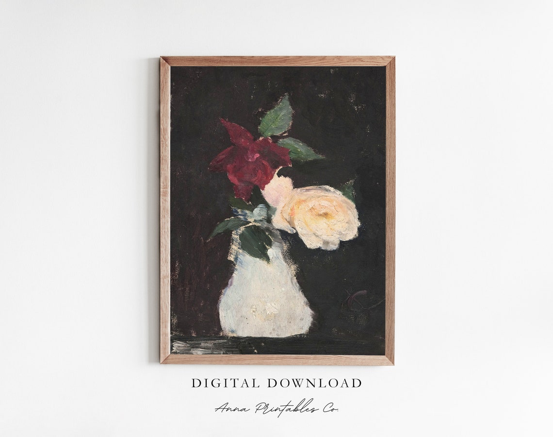 Red and White Roses in Vase Dark Moody Floral Painting Print