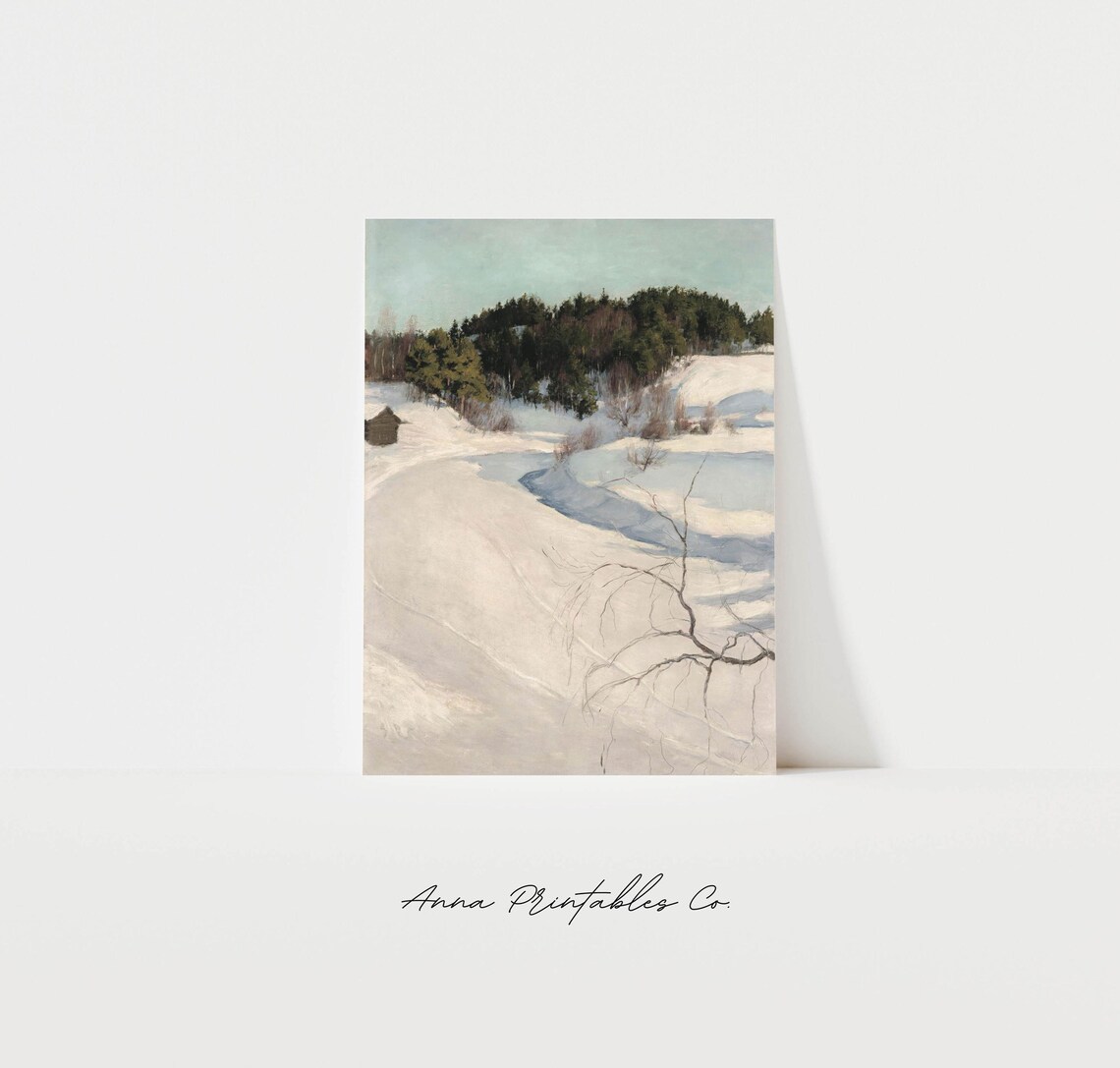 Antique Winter Hillside Landscape, Vintage Christmas Art Print