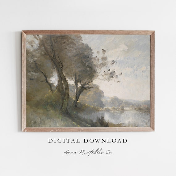 On The Riverbank Antique Landscape Painting For Vintage Farmhouse Decor Wall Art Cottage Home Fine Art