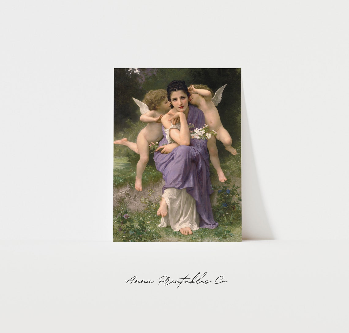 Young Woman With Two Cherubs Garden Antique Romantic Painting Poster