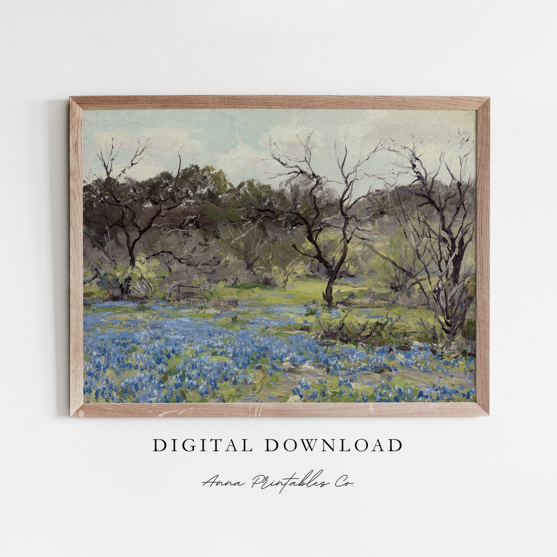 Bluebonnet Wildflower Field Trees Vintage Spring Painting Poster