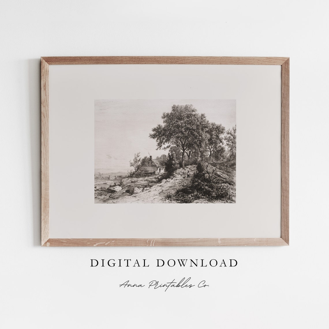 Rustic Cottage Among Trees Vintage Black and White Etching Print
