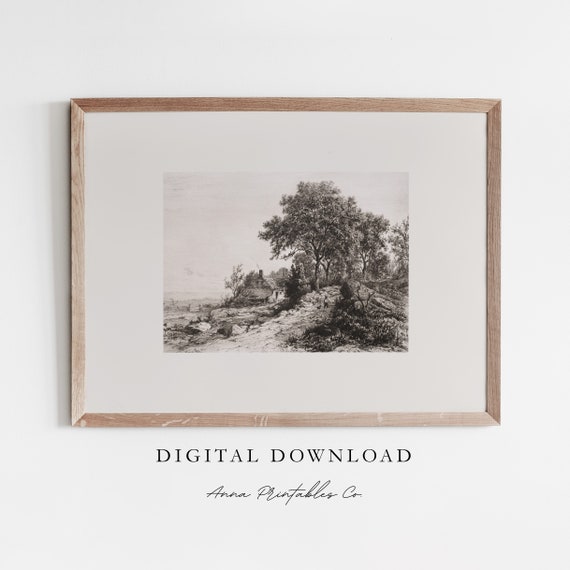 Path By A Cottage Antique Landscape Sketch For Vintage Minimalist Drawing Wall Art Rustic Farmhouse Decor