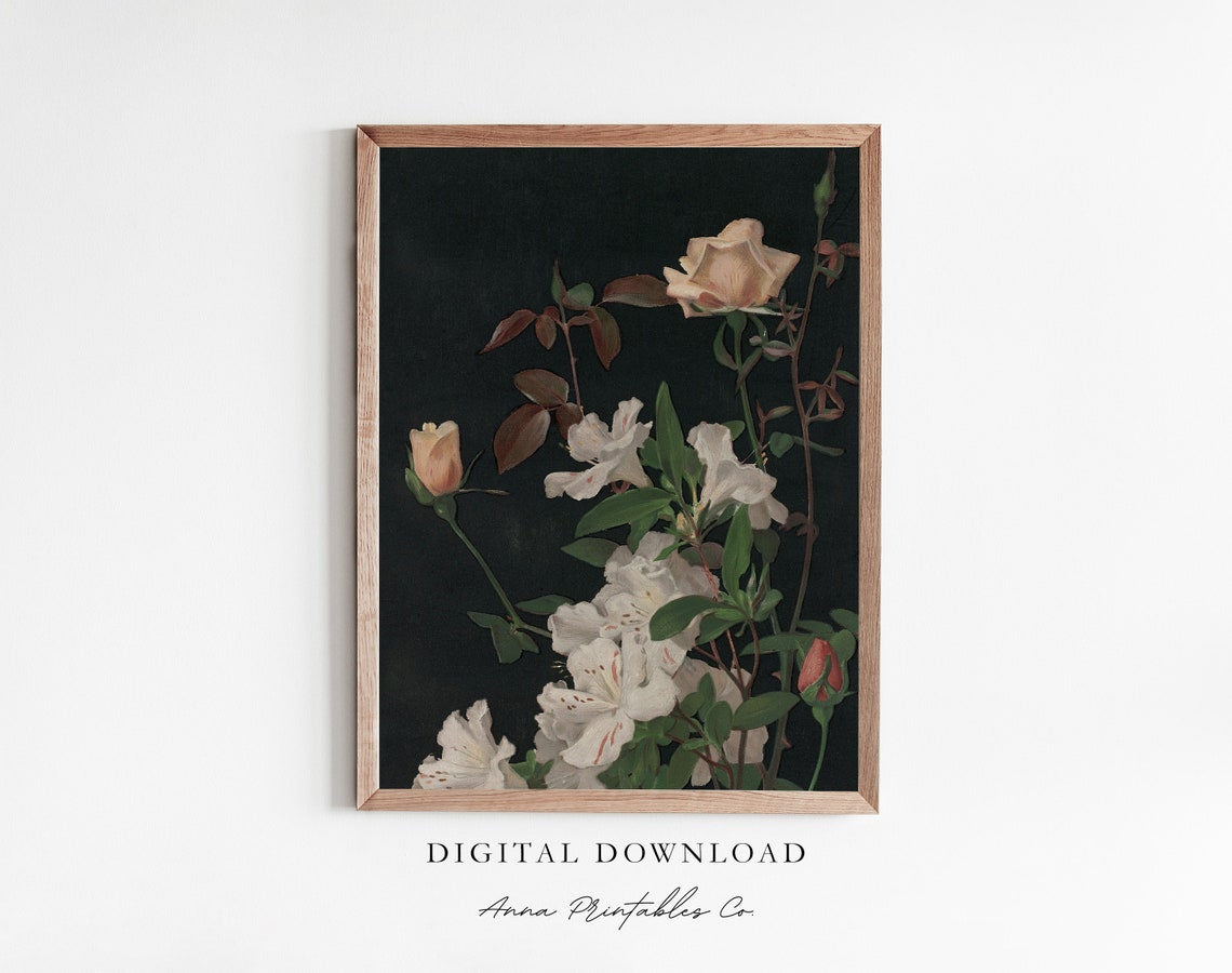 White Azaleas and Roses on Black Botanical Floral Painting Print