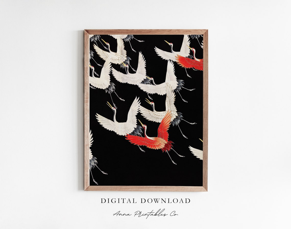 Red Crowned Cranes Flying Japanese Bird Illustration Black Art Poster