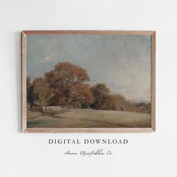 Autumn Field with a Great Oak Tree Under Pale Sky Oil Poster