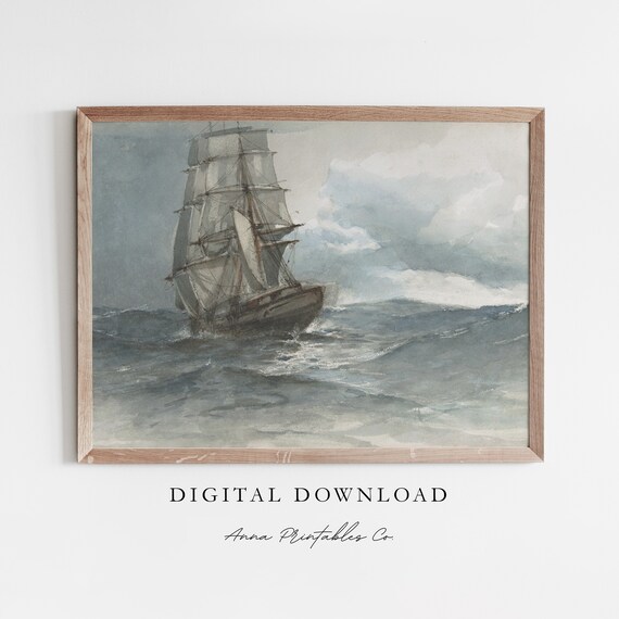 Ship on a Stormy Sea Vintage Nautical Seascape Antique Watercolor Boat Poster