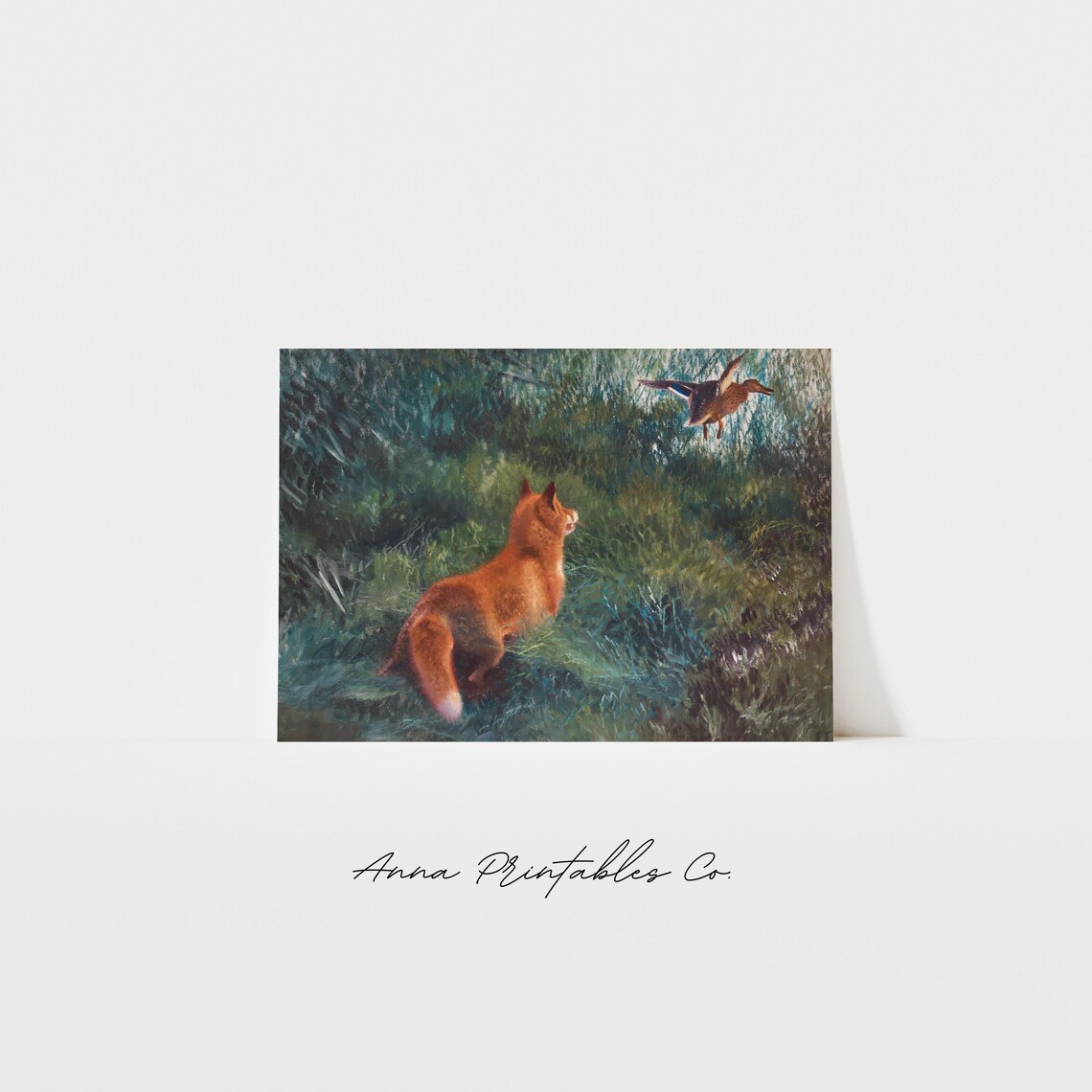 Red Fox Watching a Flying Duck in Green Foliage Wildlife Painting Poster
